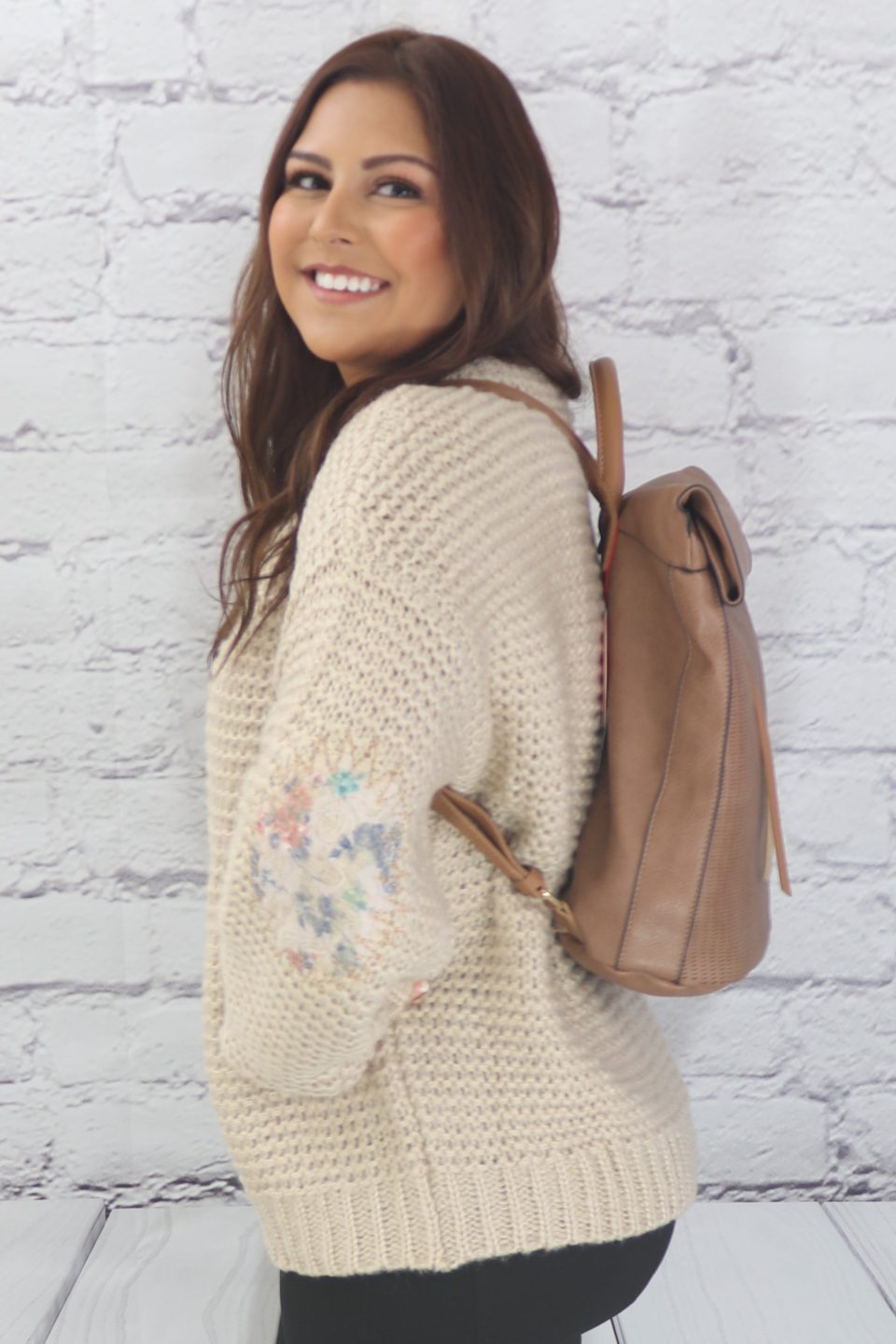 Basic ribbed pullover sweater with multi-colored floral elbow patch Ivy and Pearl Boutique