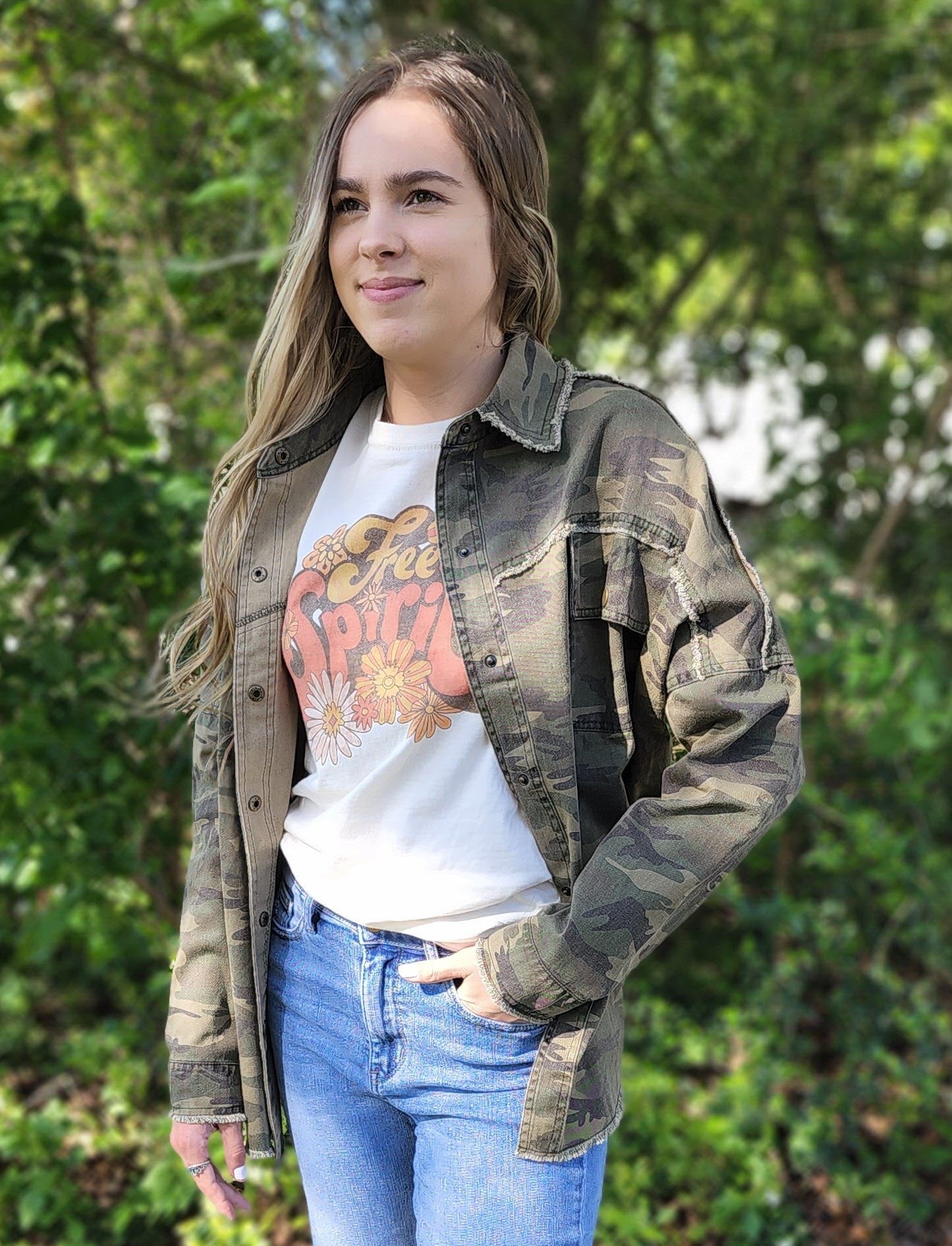 Rock and Roll Army Print button down jacket Ivy and Pearl Boutique