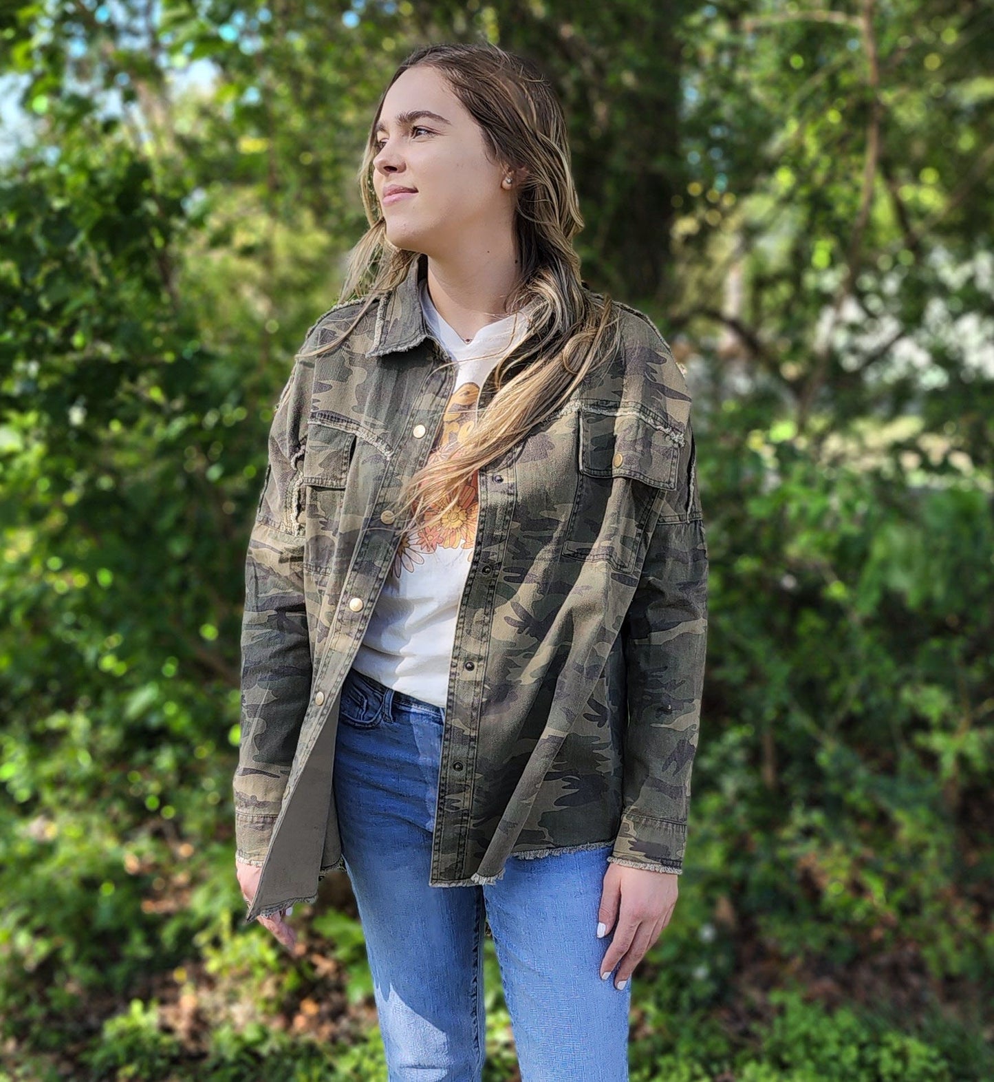 Rock and Roll Army Print button down jacket Ivy and Pearl Boutique