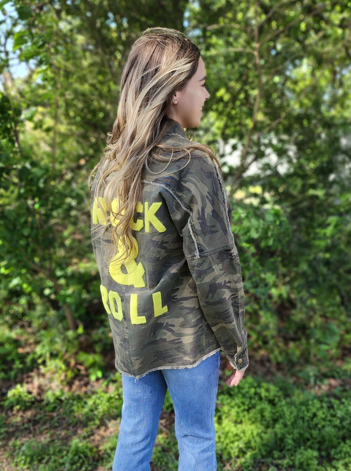 Rock and Roll Army Print button down jacket Ivy and Pearl Boutique