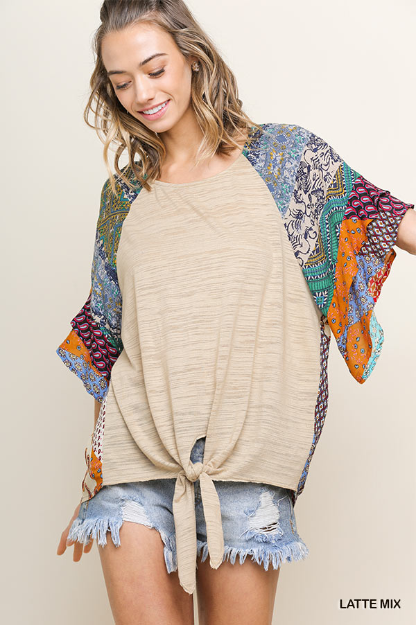 Mixed print round neck heathered knit top with layered ruffle sleeves and waist tie Ivy and Pearl Boutique Beige S