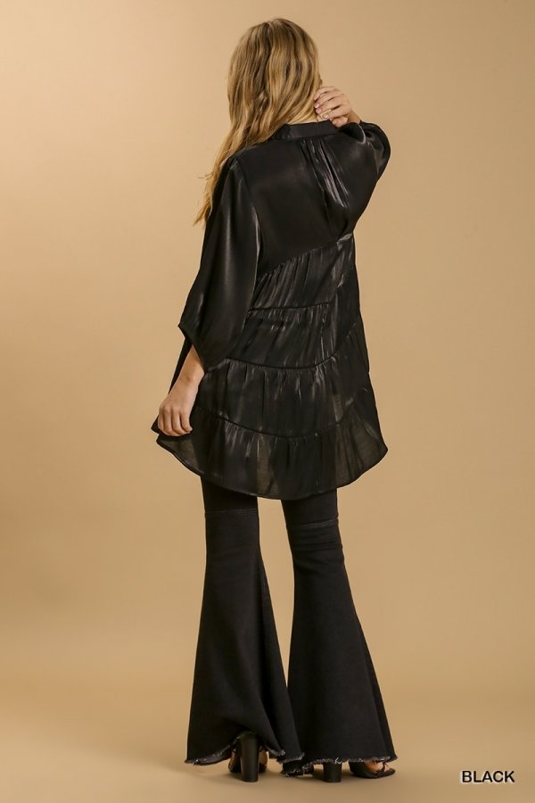 Satin 3/4 sleeve collar button down back tiered tunic dress with high-low hem Ivy and Pearl Boutique