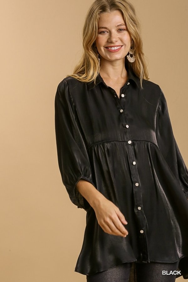 Satin 3/4 sleeve collar button down back tiered tunic dress with high-low hem Ivy and Pearl Boutique