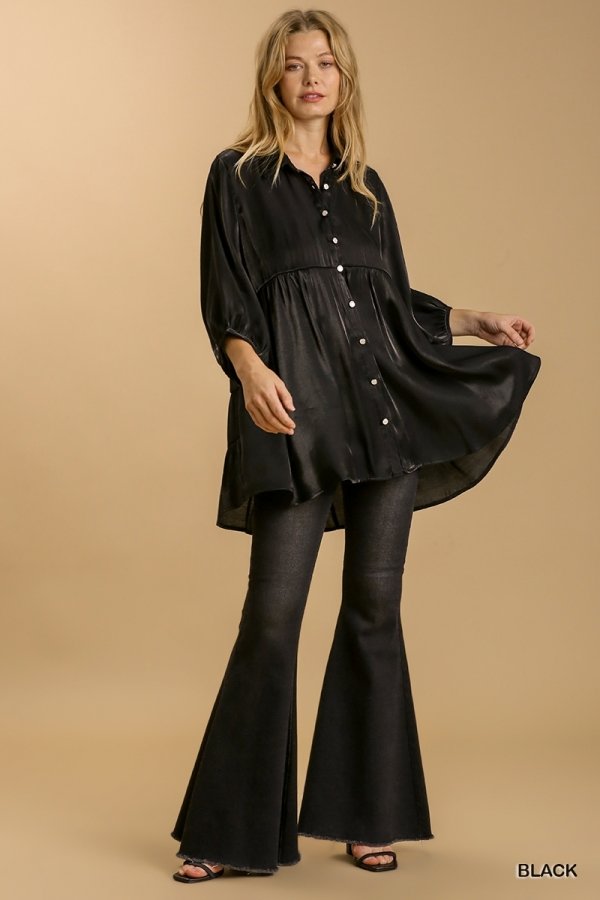 Satin 3/4 sleeve collar button down back tiered tunic dress with high-low hem Ivy and Pearl Boutique