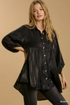 Satin 3/4 sleeve collar button down back tiered tunic dress with high-low hem  Ivy and Pearl Boutique Black S