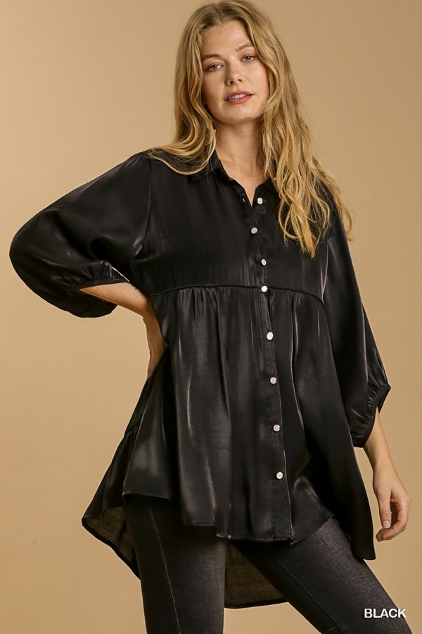 Satin 3/4 sleeve collar button down back tiered tunic dress with high-low hem Ivy and Pearl Boutique Black S