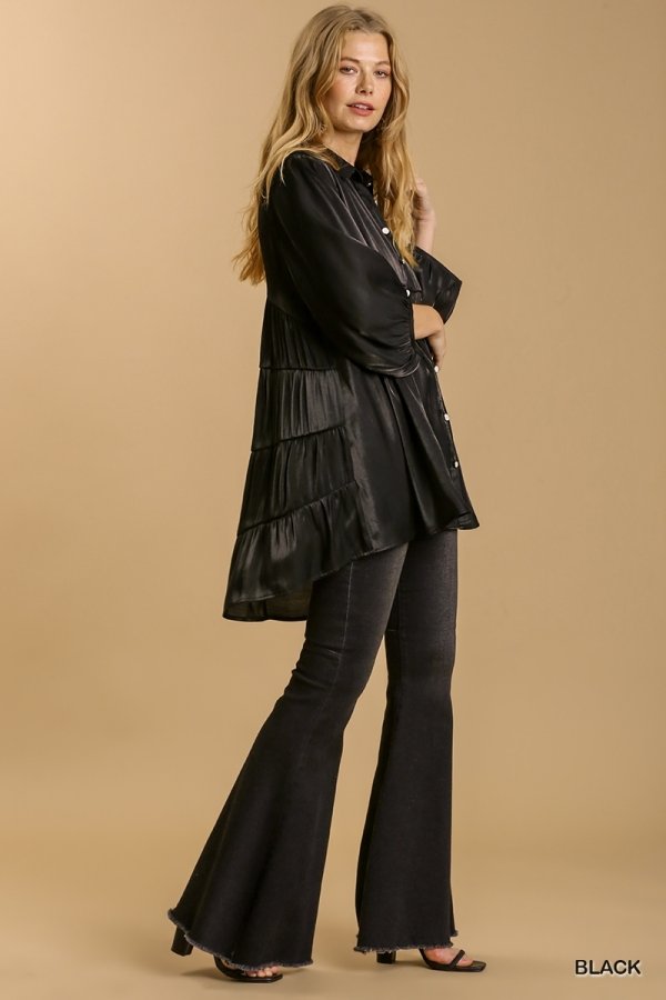 Satin 3/4 sleeve collar button down back tiered tunic dress with high-low hem Ivy and Pearl Boutique