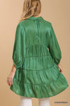 Satin 3/4 sleeve collar button down back tiered tunic dress with high-low hem  Ivy and Pearl Boutique