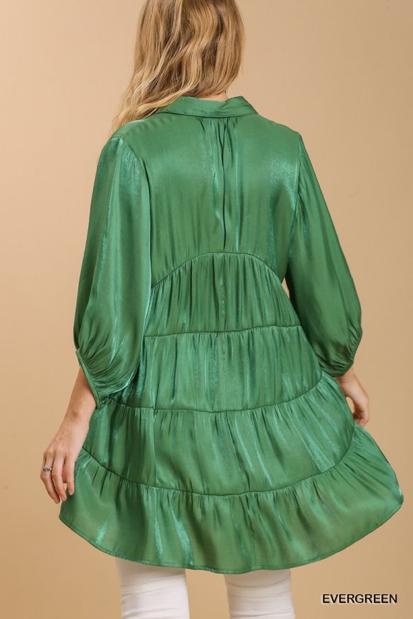 Satin 3/4 sleeve collar button down back tiered tunic dress with high-low hem Ivy and Pearl Boutique