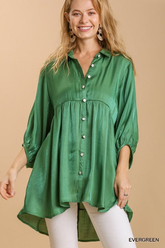 Satin 3/4 sleeve collar button down back tiered tunic dress with high-low hem  Ivy and Pearl Boutique Green S