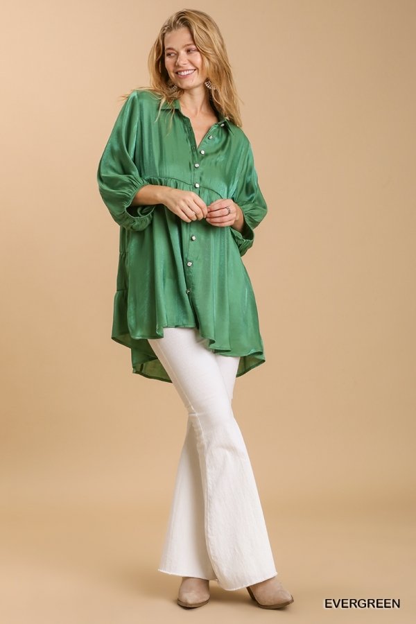 Satin 3/4 sleeve collar button down back tiered tunic dress with high-low hem Ivy and Pearl Boutique