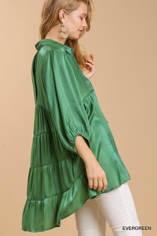 Satin 3/4 sleeve collar button down back tiered tunic dress with high-low hem Ivy and Pearl Boutique