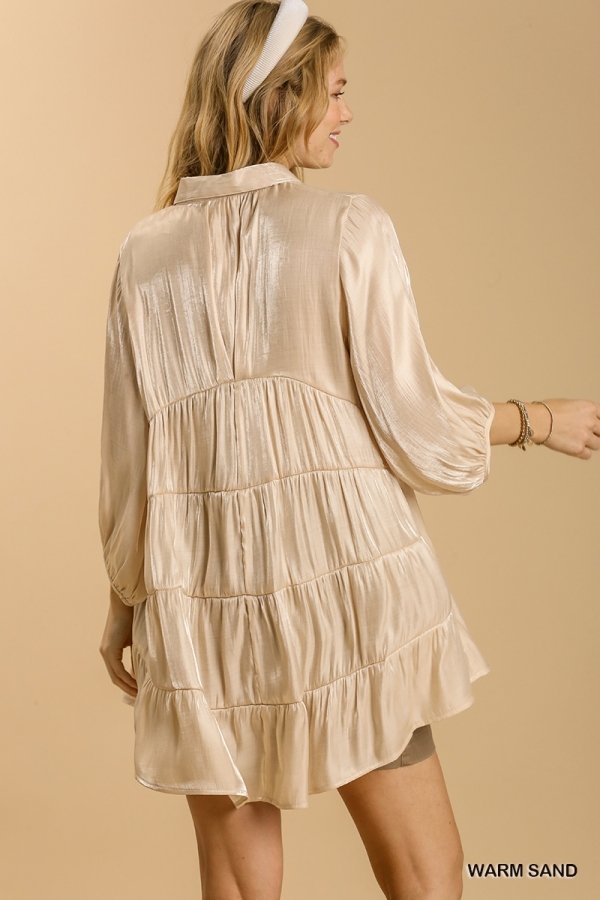 Satin 3/4 sleeve collar button down back tiered tunic dress with high-low hem Ivy and Pearl Boutique