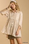 Satin 3/4 sleeve collar button down back tiered tunic dress with high-low hem  Ivy and Pearl Boutique Sand S