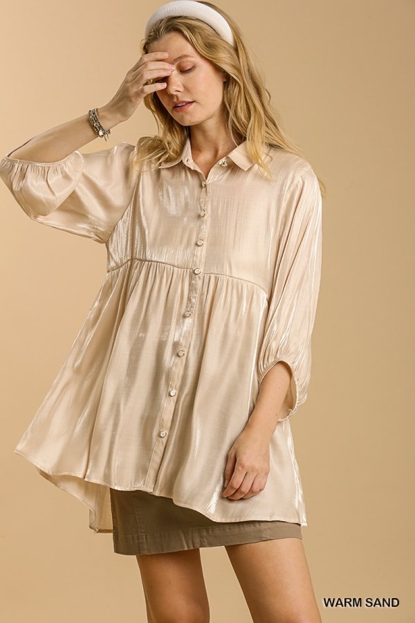 Satin 3/4 sleeve collar button down back tiered tunic dress with high-low hem Ivy and Pearl Boutique Sand S