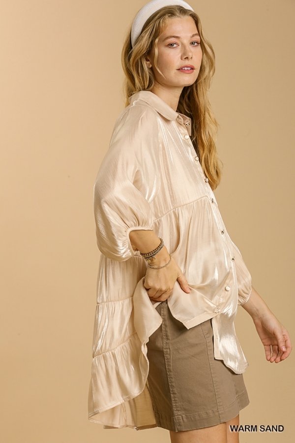 Satin 3/4 sleeve collar button down back tiered tunic dress with high-low hem Ivy and Pearl Boutique