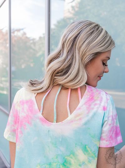 Seaside bliss tie-dye tee with caged back detail Ivy and Pearl Boutique