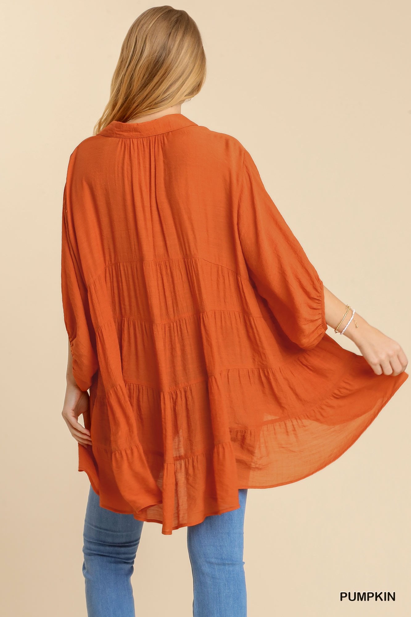 Sheer 3/4 Sleeve Collar Button Down Back Tiered Tunic Dress with High Low Hem Ivy and Pearl Boutique