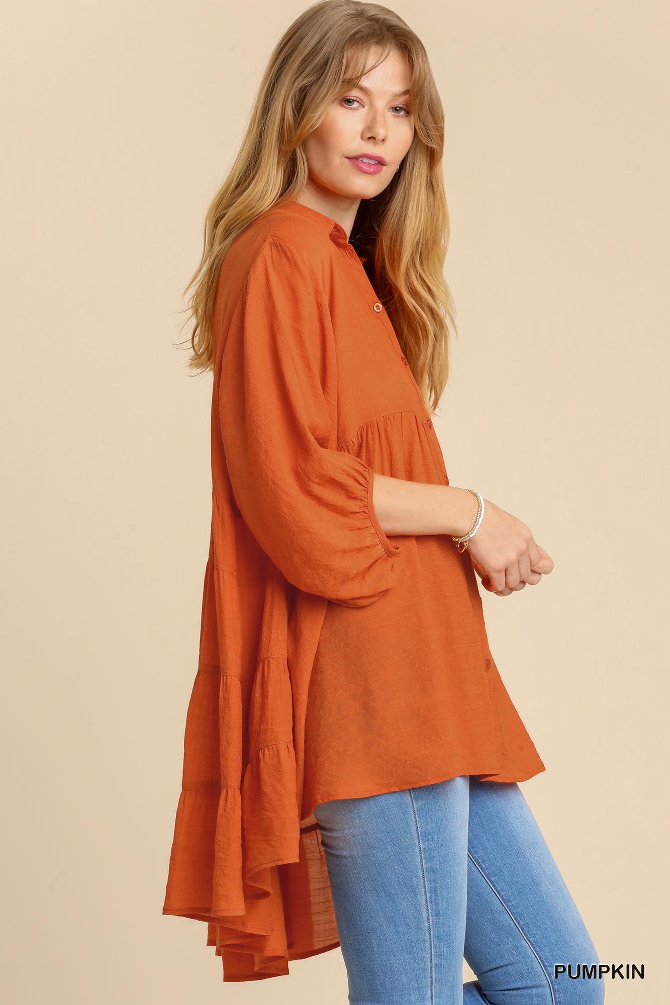 Sheer 3/4 Sleeve Collar Button Down Back Tiered Tunic Dress with High Low Hem Ivy and Pearl Boutique