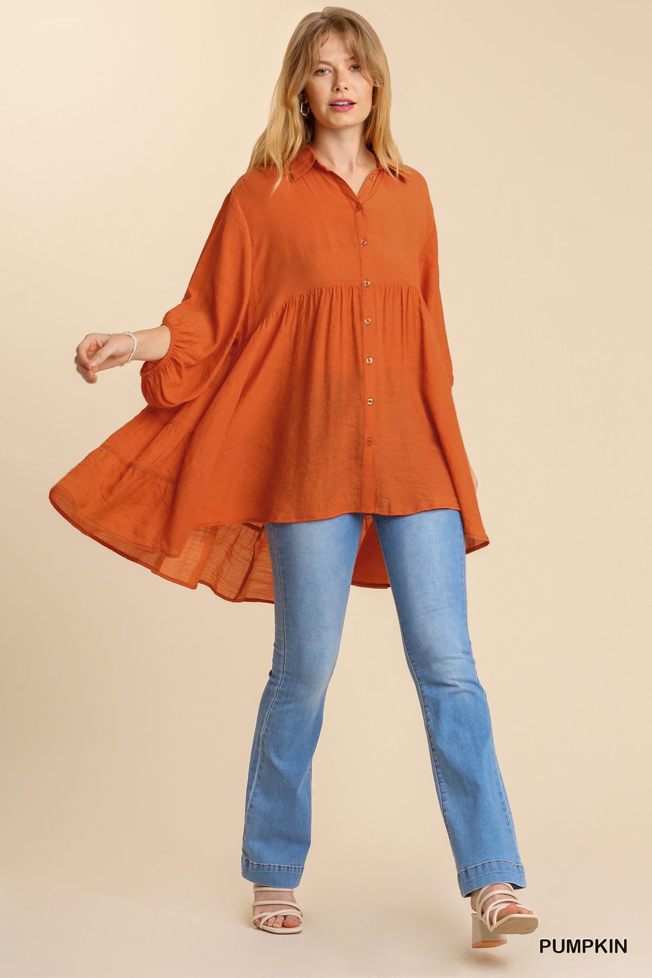 Sheer 3/4 Sleeve Collar Button Down Back Tiered Tunic Dress with High Low Hem Ivy and Pearl Boutique Pumpkin S