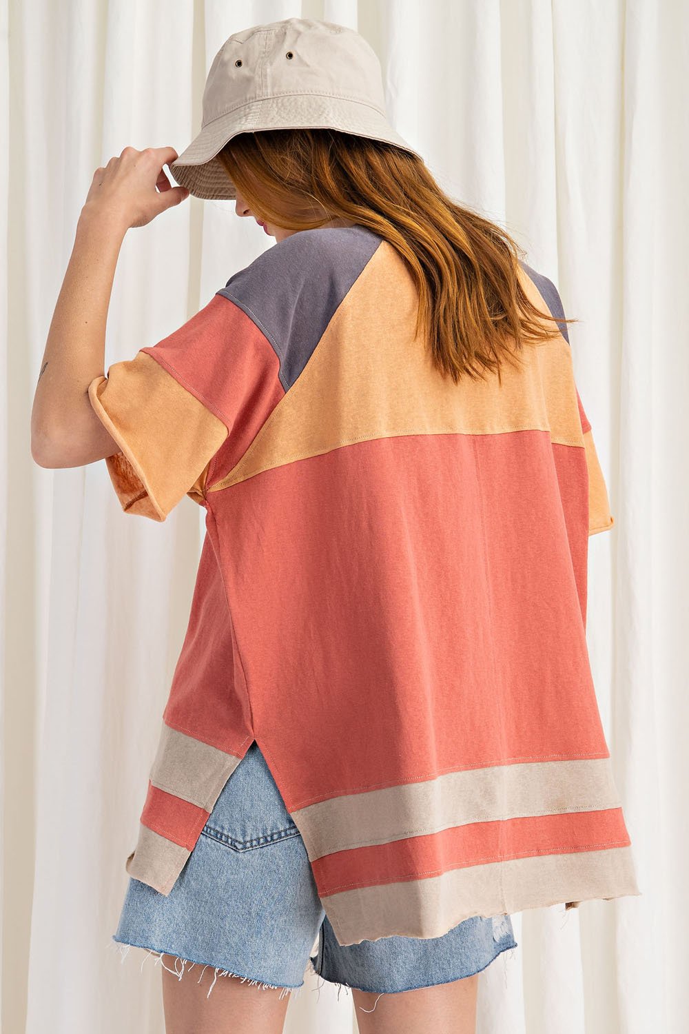 Keep it Real Color Blocked Top - Short Sleeve Cotton Jersey Loose Fit Top - available in 3 colors Ivy and Pearl Boutique