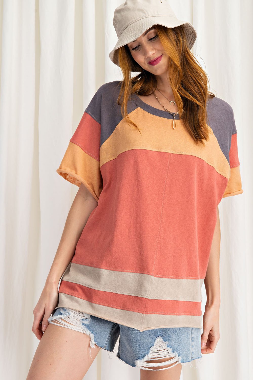 Keep it Real Color Blocked Top - Short Sleeve Cotton Jersey Loose Fit Top - available in 3 colors Ivy and Pearl Boutique Coral S