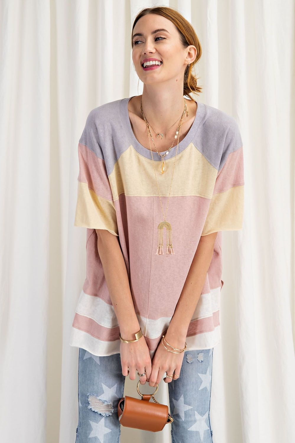 Keep it Real Color Blocked Top - Short Sleeve Cotton Jersey Loose Fit Top - available in 3 colors Ivy and Pearl Boutique
