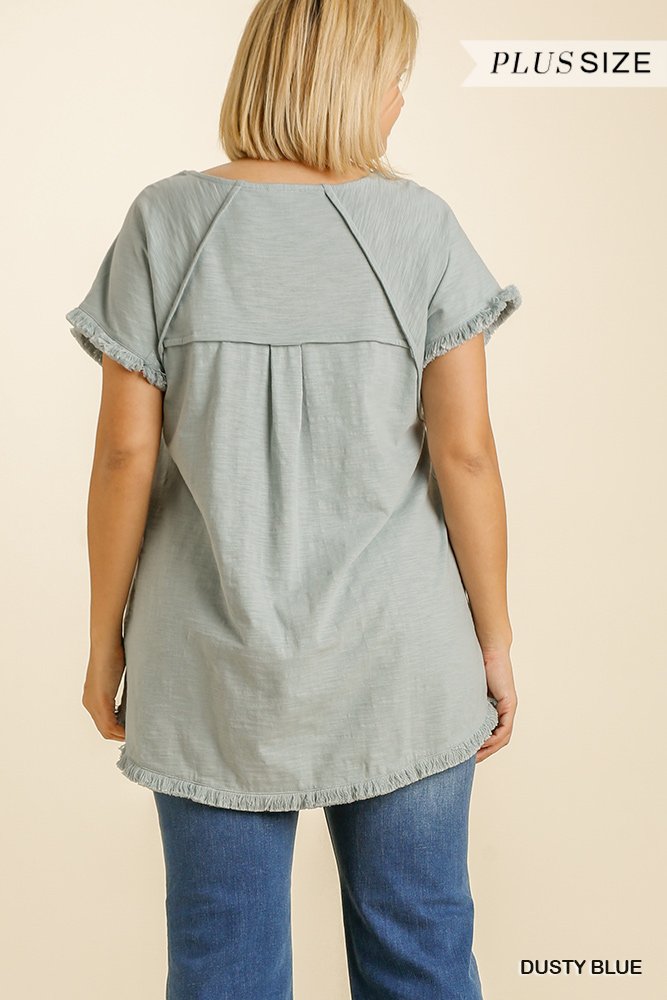 Short Sleeve Round Neck Top with High Low Scoop Frayed Ruffle Hem  Ivy and Pearl Boutique