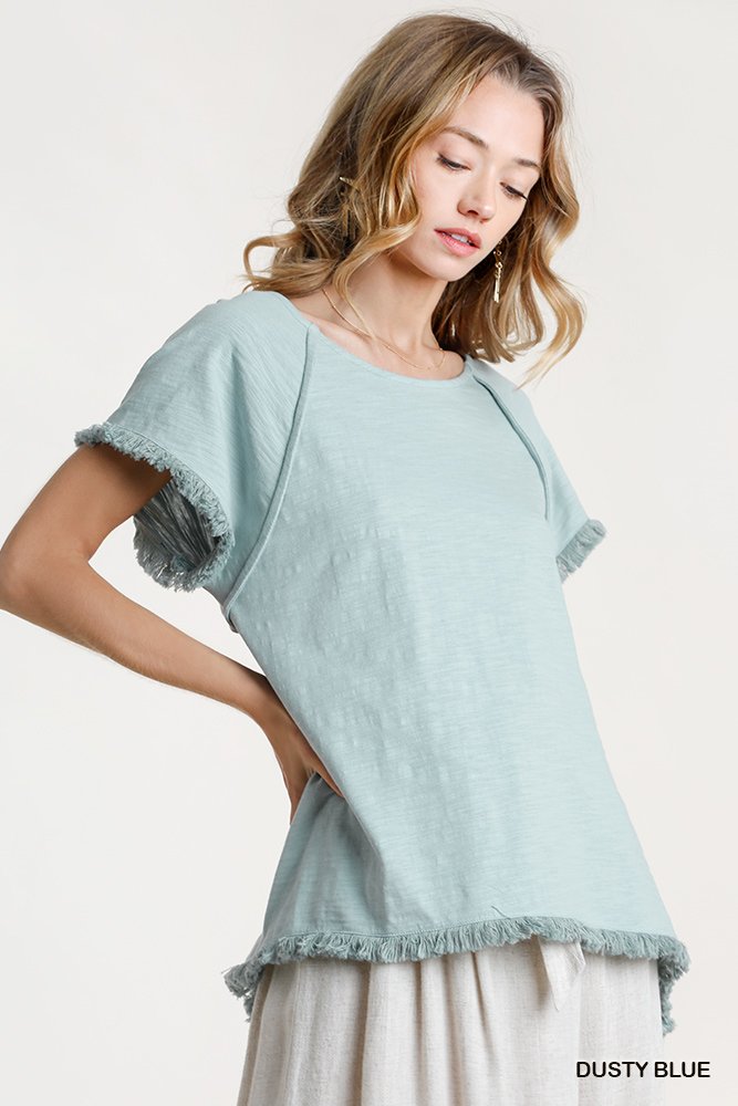 Short Sleeve Round Neck Top with High Low Scoop Frayed Ruffle Hem  Ivy and Pearl Boutique Dusty Blue S