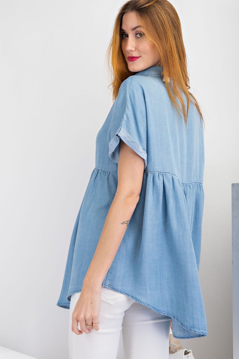 Short sleeve washed denim button down shirt tunic top Ivy and Pearl Boutique