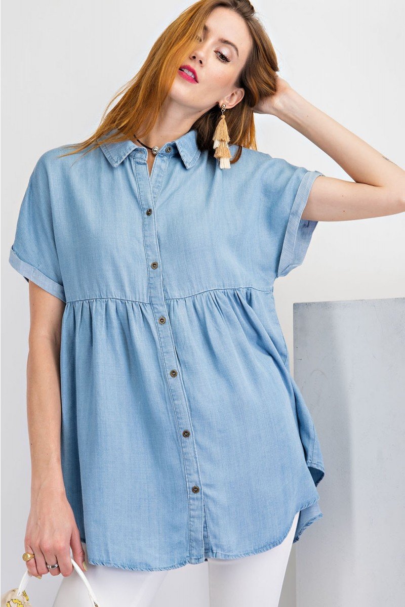 Short sleeve washed denim button down shirt tunic top Ivy and Pearl Boutique