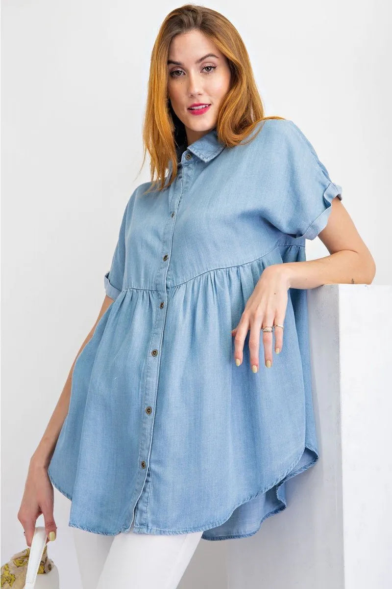 Short sleeve washed denim button down shirt tunic top Ivy and Pearl Boutique S