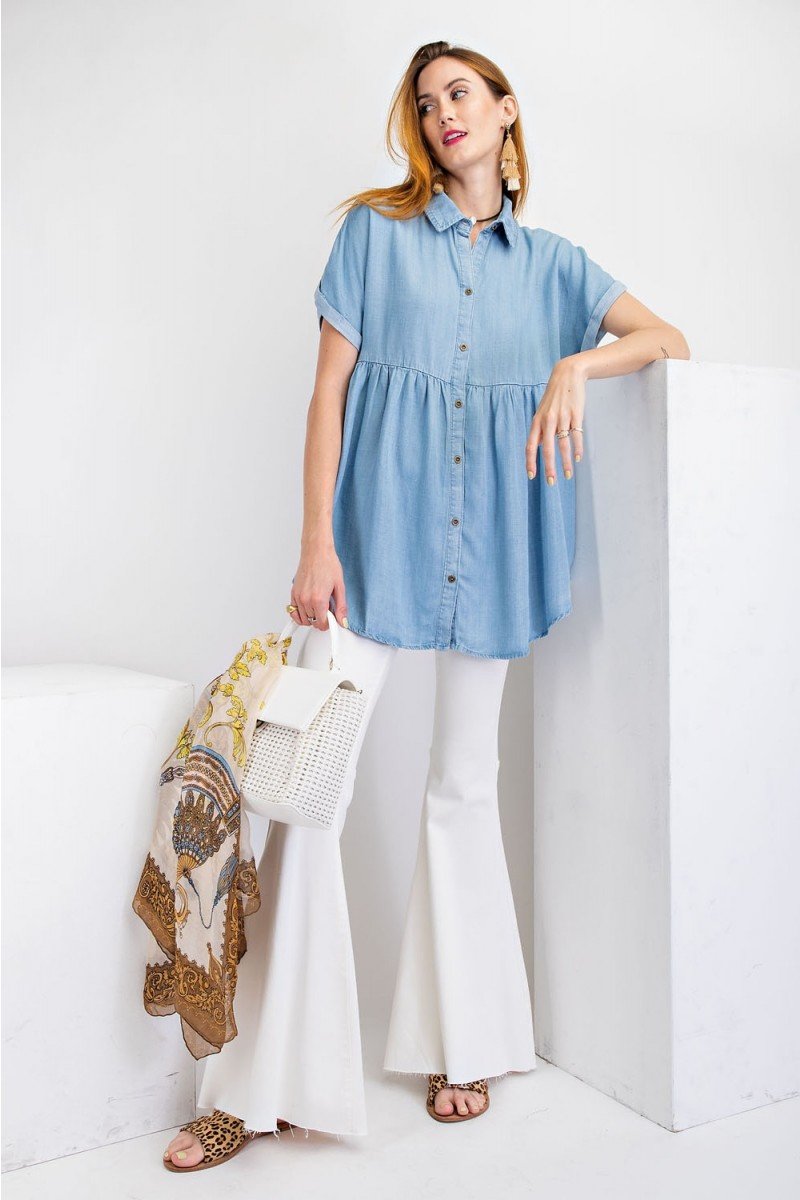 Short sleeve washed denim button down shirt tunic top Ivy and Pearl Boutique