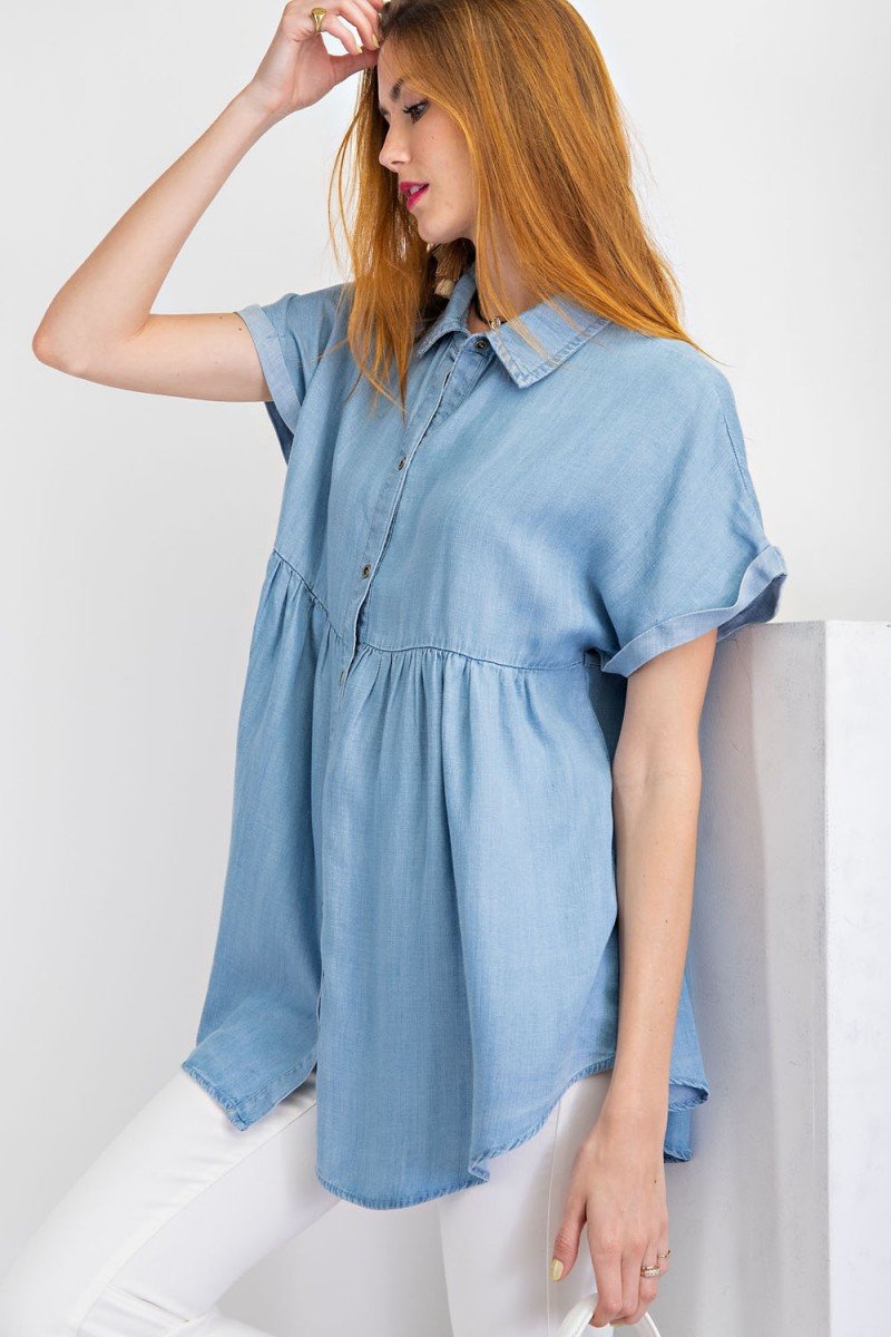 Short sleeve washed denim button down shirt tunic top Ivy and Pearl Boutique