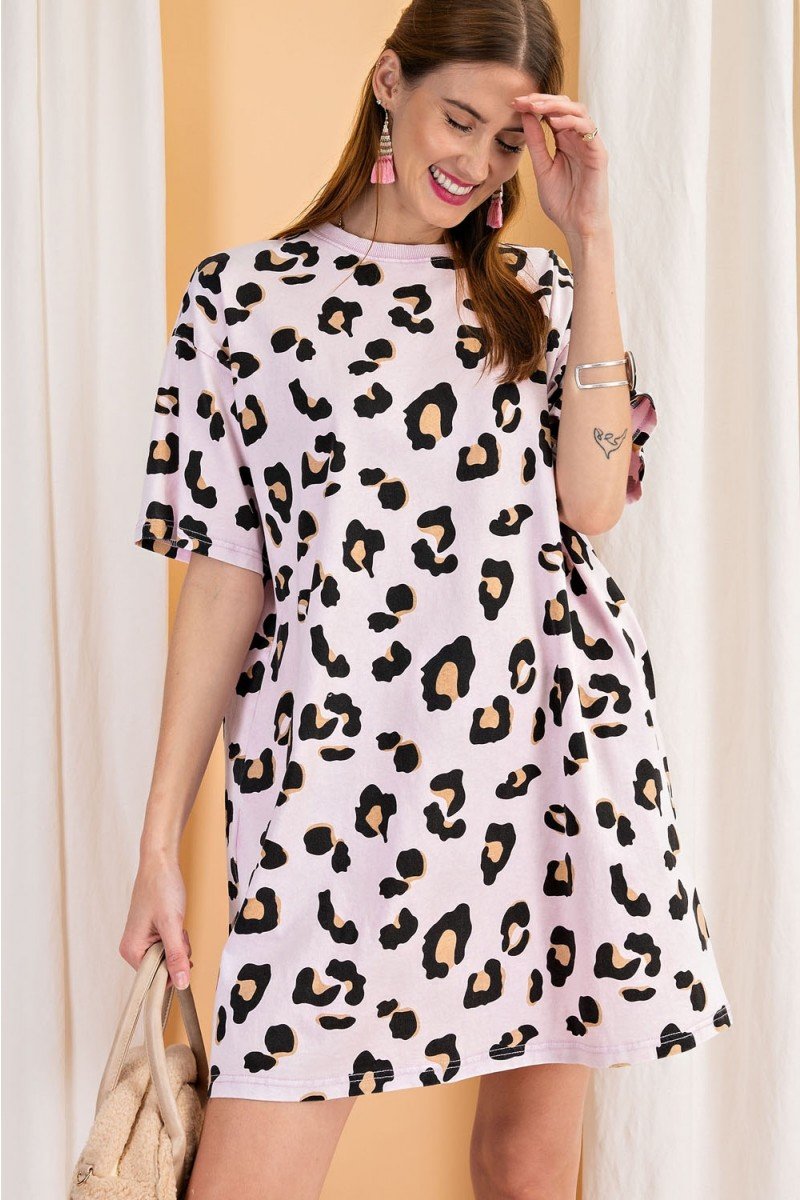 Short sleeves animal print washed oversized knit tee dress - Washed Leopard Tunic Tee Dress Ivy and Pearl Boutique