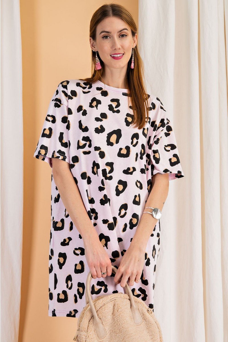 Short sleeves animal print washed oversized knit tee dress - Washed Leopard Tunic Tee Dress Ivy and Pearl Boutique Rose S