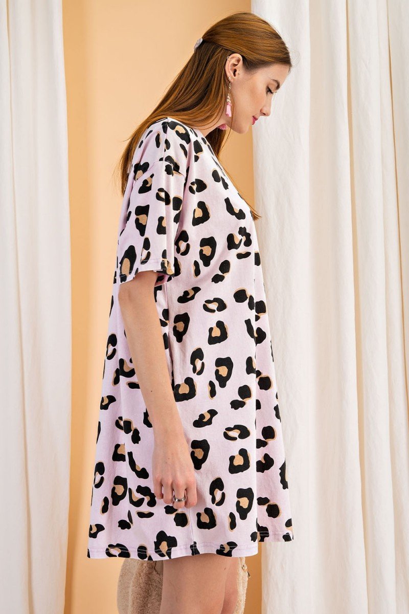 Short sleeves animal print washed oversized knit tee dress - Washed Leopard Tunic Tee Dress Ivy and Pearl Boutique