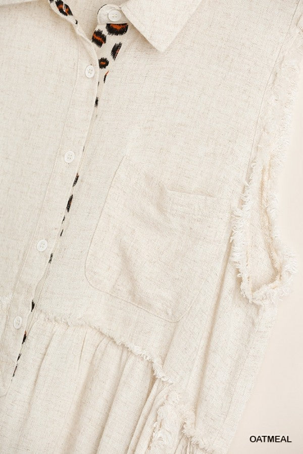 Sleeveless Animal Print Detail Button Front Tunic with Frayed Round Hems and Chest Pocket Ivy and Pearl Boutique