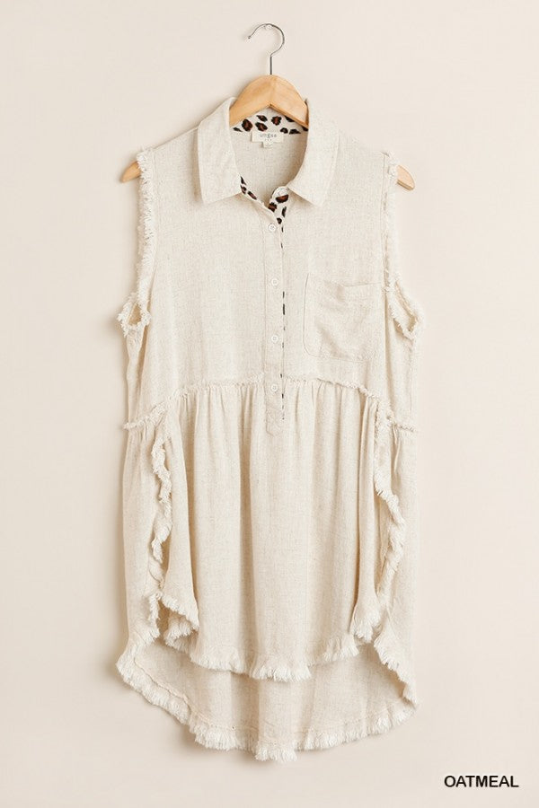 Sleeveless Animal Print Detail Button Front Tunic with Frayed Round Hems and Chest Pocket Ivy and Pearl Boutique