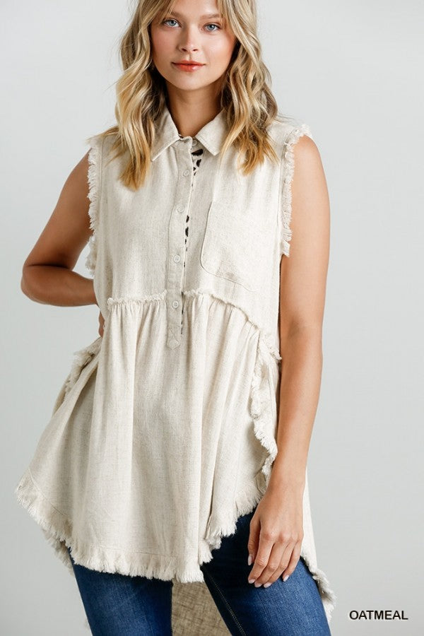 Sleeveless Animal Print Detail Button Front Tunic with Frayed Round Hems and Chest Pocket Ivy and Pearl Boutique Oat S