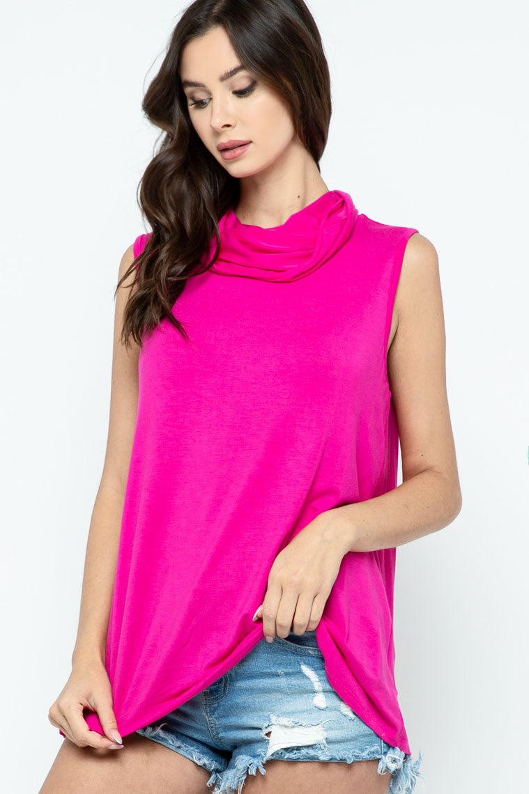 Sleeveless Jersey Knit Top with Cowl Neck and Built-in Face Mask Ivy and Pearl Boutique Fuchsia S