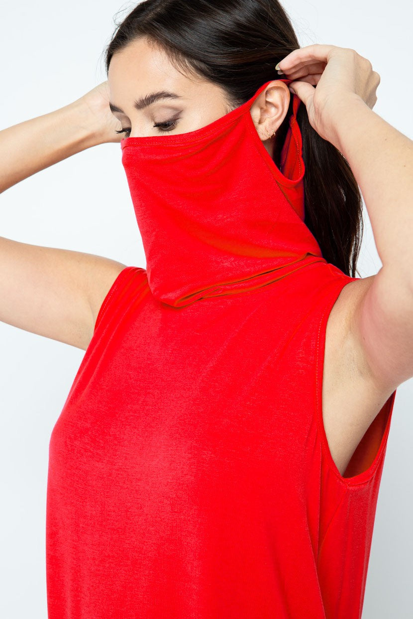 Sleeveless Jersey Knit Top with Cowl Neck and Built-in Face Mask Ivy and Pearl Boutique Red S