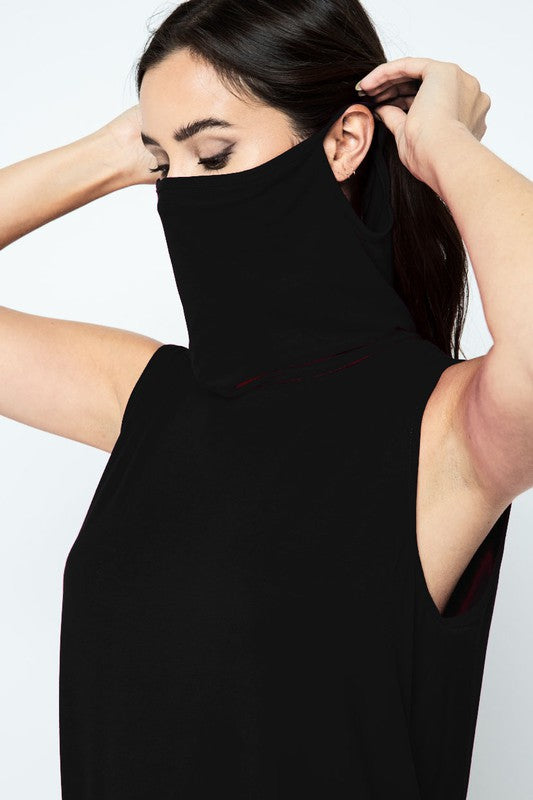 Sleeveless Jersey Knit Top with Cowl Neck and Built-in Face Mask Ivy and Pearl Boutique Black S