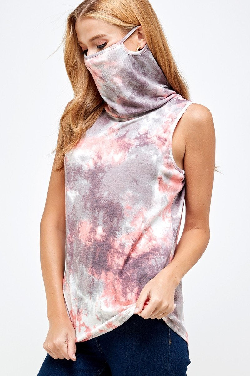 Sleeveless Pink Tie Dye Essential Top with Built-in Face Mask Ivy and Pearl Boutique