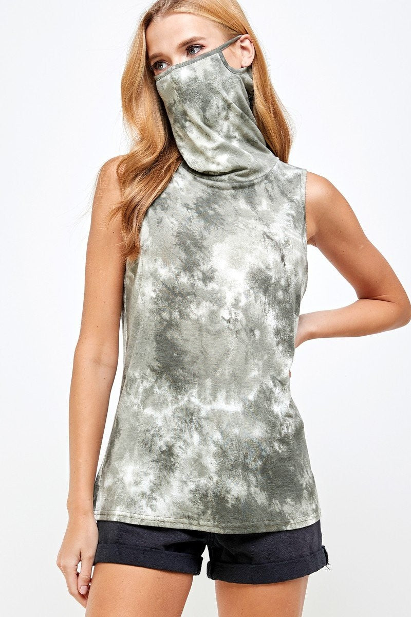 Sleeveless Olive Tie Dye Essential Top with Built-in Face Mask Ivy and Pearl Boutique