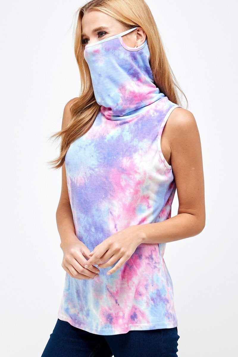 Sleeveless Purple Tie Dye Essential Top with Built-in Face Mask Ivy and Pearl Boutique S