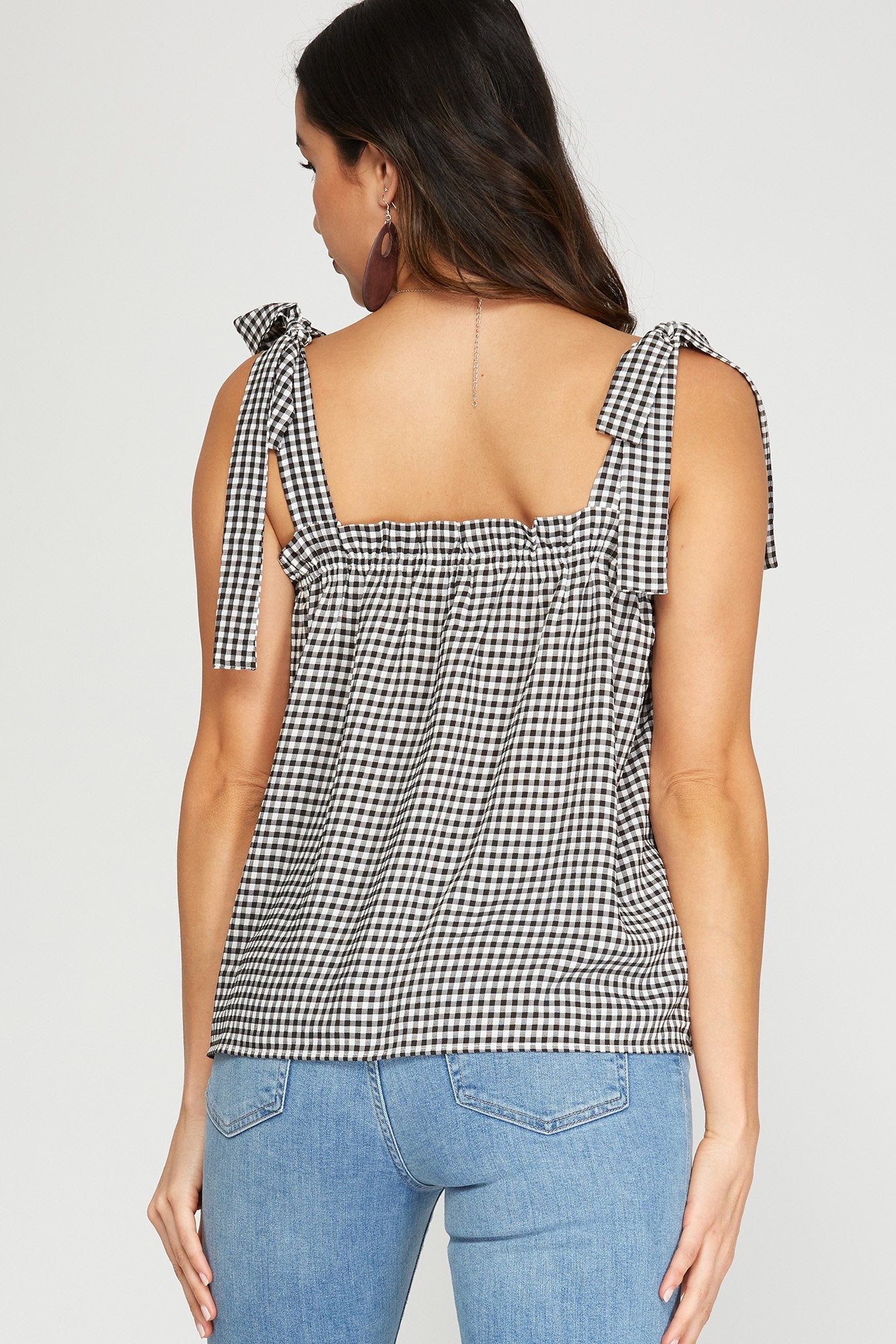 Sleeveless woven gingham top with shoulder ties Ivy and Pearl Boutique