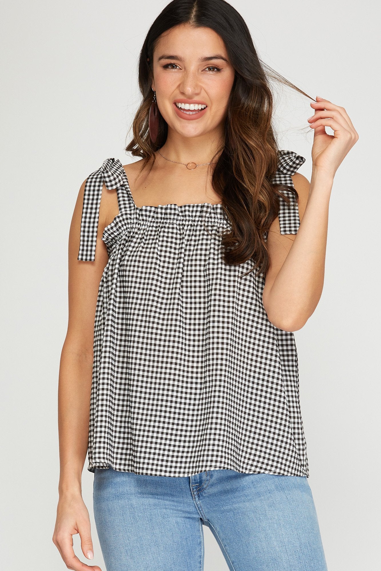 Sleeveless woven gingham top with shoulder ties Ivy and Pearl Boutique Black S