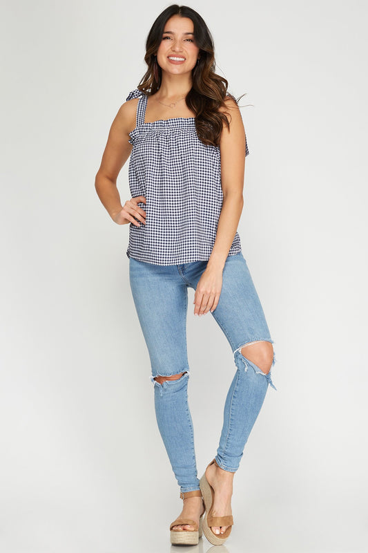 Sleeveless woven gingham top with shoulder ties  Ivy and Pearl Boutique