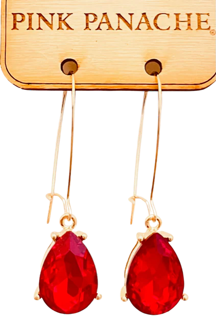 Small red pear shaped drop on gold kidney wire earring Ivy and Pearl Boutique